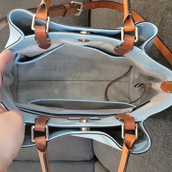 Dooney & Bourke Sky Blue LeatherTote Tan Handles - Picture 10 of 11